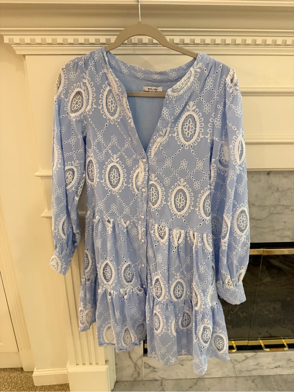 Women’s Light Blue Embroidered V-Neck Tiered Tunic Dress